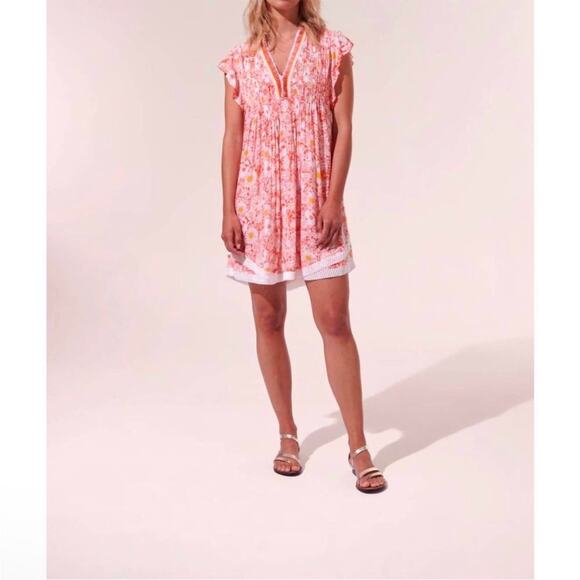 Poupette St. Barth Sz S Sasha Mini Dress in Orange Mid 70s Garden Floral - Picture 1 of 9